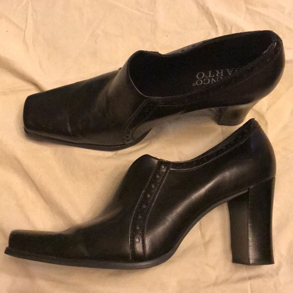 Black leather slip on heels